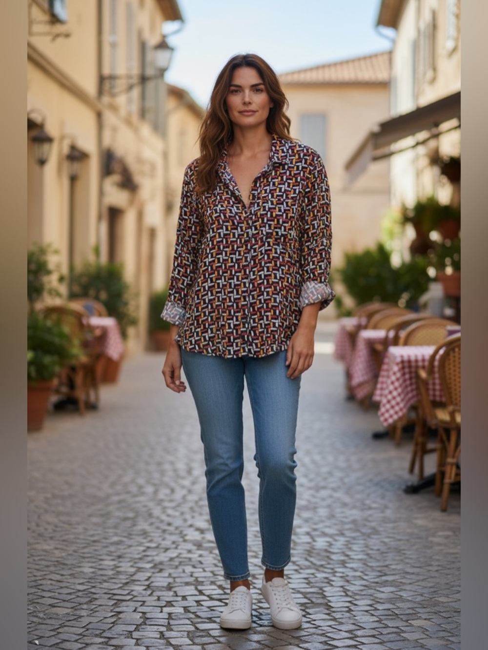 Velvet Heart Navy Geometric Button-Down Shirt with Red, White & Yellow Pattern